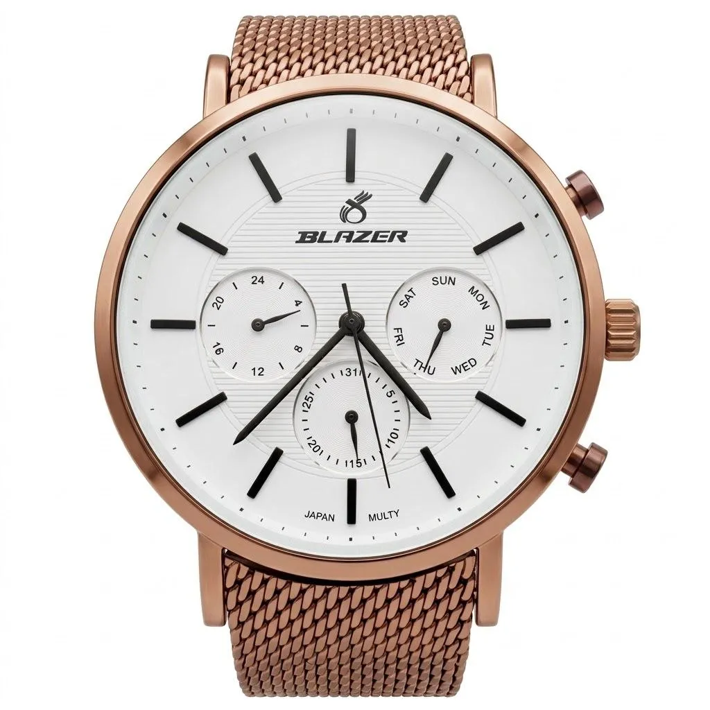 ساعت مردانه بلیزر قهوه ای صفحه سفید بند حصیری فول تایم تقویم دار