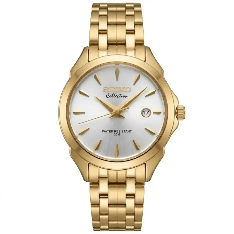 ساعت مچی زنانه سیکو کالکشن طلایی صفحه سفید تقویم دار موتور کوارتز ژاپن