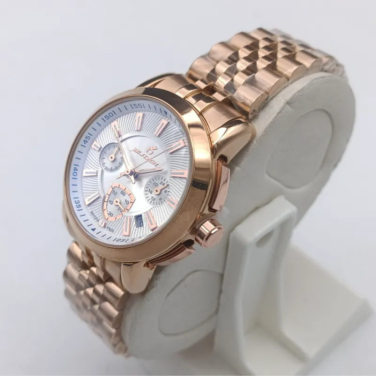 ساعت مچی زنانه بلیزر کرنوگراف چهار موتور فعال رزگلد صفحه سفید با شیشه مینرال و تقویم