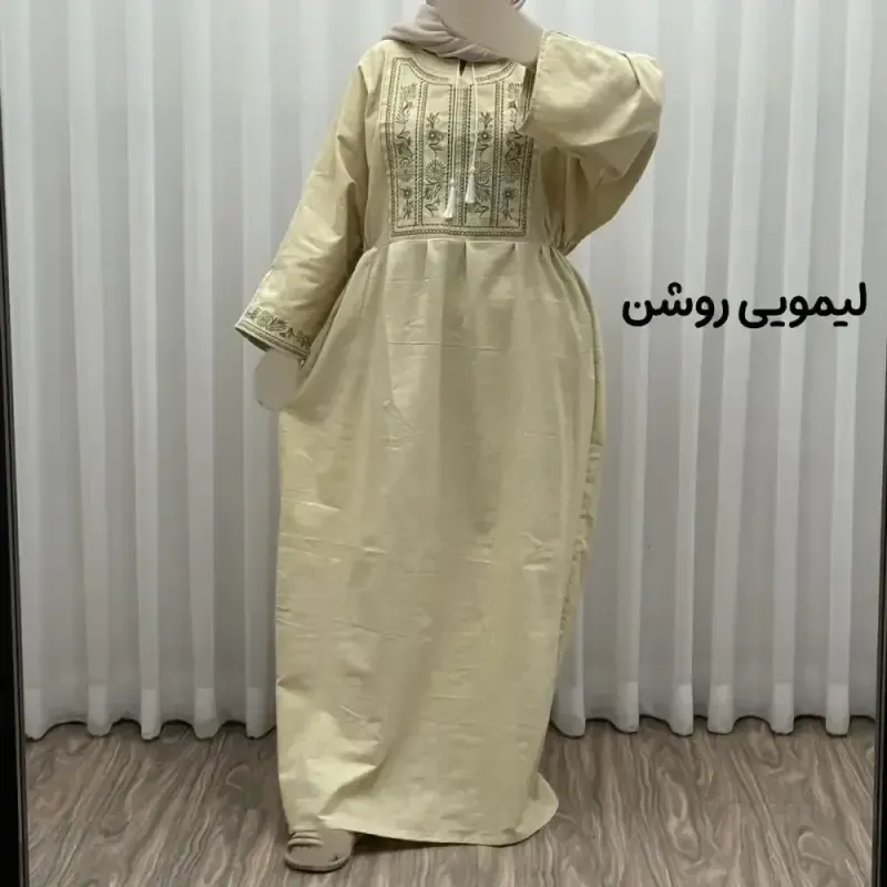 پیراهن لینن گلدوزی مایا کد 1745 فری سایز زنانه چهارفصل تنخور شیک و راحت بدون سایه اندازی و بدن نما