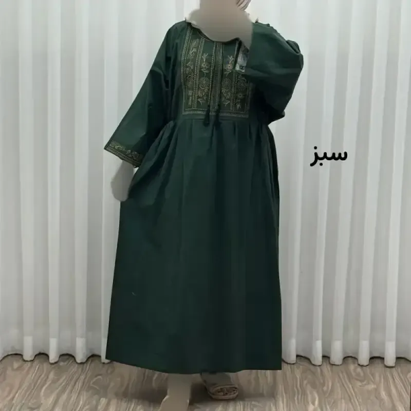 پیراهن لینن گلدوزی مایا کد 1745 فری سایز زنانه چهارفصل تنخور شیک و راحت بدون سایه اندازی و بدن نما