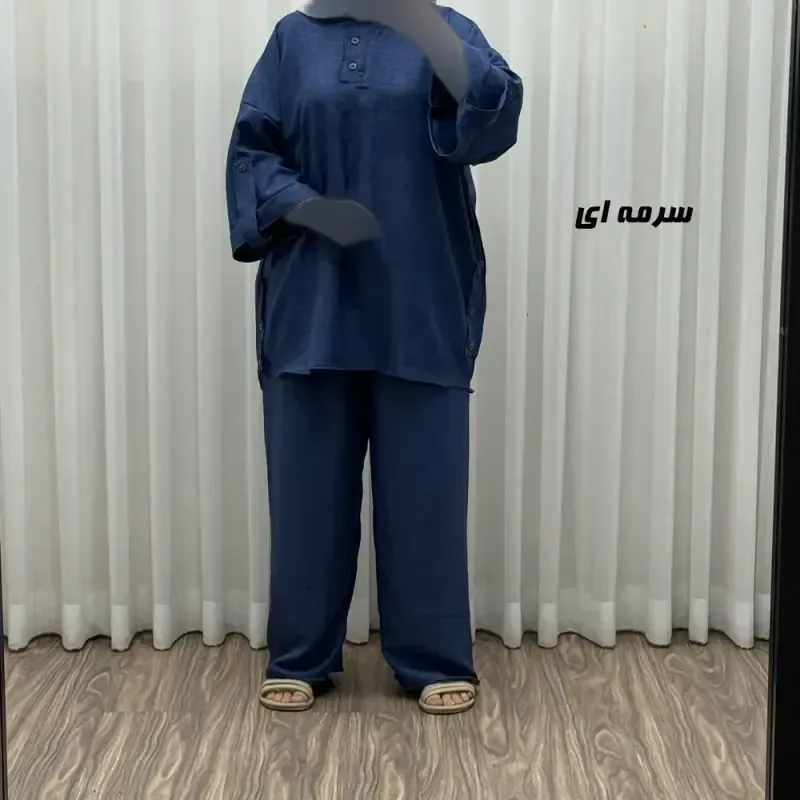 ست بلوز و شلوار زنانه مدل پانچی جنس شانتون فری سایز مناسب تا 52