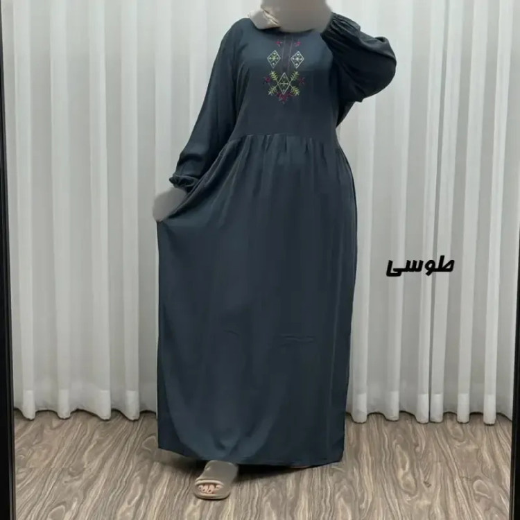 پیراهن ساحلی نخی گلدوزی شده مدل لنورا فری سایز مناسب تا 46 با کمربند