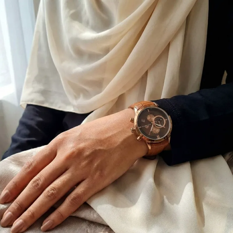 ساعت مچی زنانه الکس مارتین طرح سه موتور قهوه ای کافی بند چرمی